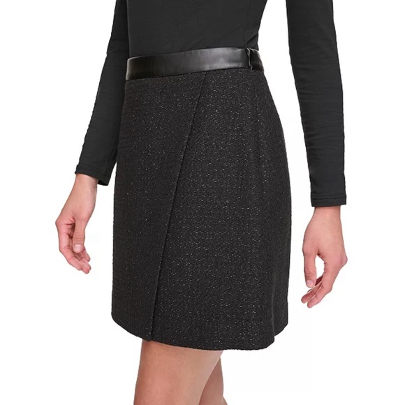 DKNY LUREX TWEED FAUX LEATHER TRIM SKIRT - Picture 3 of 6